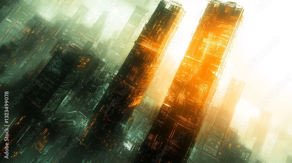 Fototapeta premium Futuristic Cityscape Dramatic Light Golden Towers. AI Generated