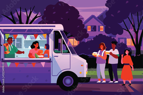 A vibrant food truck generously offers free meals to impoverished individuals within a bustling city setting.