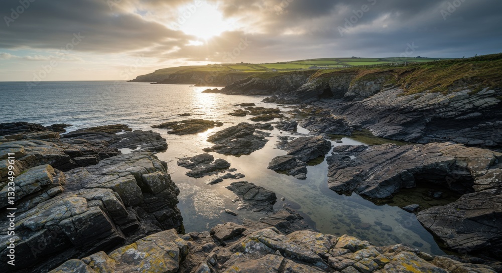 Obraz premium Rocky Coastal Landscape with Ocean Waves and Dramatic Sunset Sky Reflecting on Tidal Pools and Rugged Shoreline