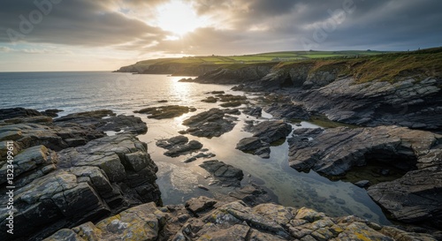 Rocky Coastal Landscape with Ocean Waves and Dramatic Sunset Sky Reflecting on Tidal Pools and Rugged Shoreline