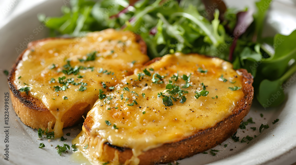 Delicious Welsh Rarebit with Cheesy Sauce and Fresh Salad Served on a Rustic Plate Delicious Welsh Rarebit with Cheesy Sauce and Fresh Salad Served on a Rustic Plate