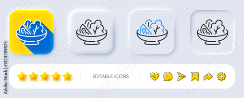 Salad line icon. Neumorphic, Flat shadow, 3d buttons. Diet kcal sign. Low calories food symbol. Line salad icon. Social media icons. Vector