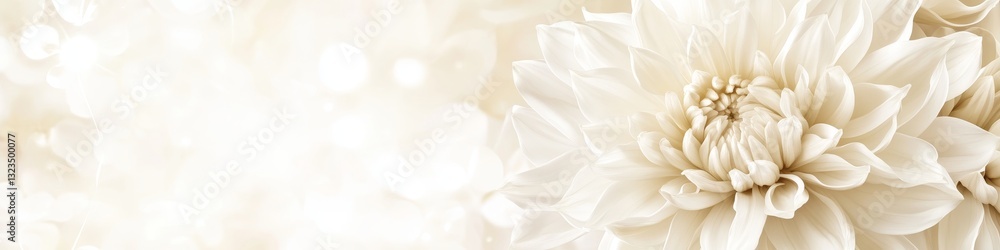 Fototapeta premium Gentle Natural Light Illuminates White Dahlia Flower Head, Floral Background with Copy Space