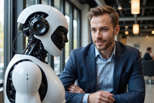 A Young Adult Male in a Suit Engages in Conversation with a Humanoid Robot in a Modern Cafe Setting, Highlighting Advances in Human-Robot Interaction and Technology