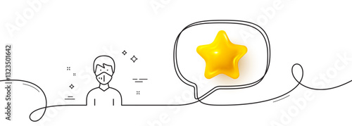 Man with medical mask line icon. Continuous line with 3d star. Safety breathing respiratory mask sign. Coronavirus face protection symbol. 3d star in speech bubble. Vector