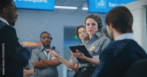 Photos Airport Security System: Female TSA Officer with Tablet Computer Wearing Headset Instructs Airport Staff at Checkpoint About Scanning Process of Passengers, Screening Procedures for Boarding Flight