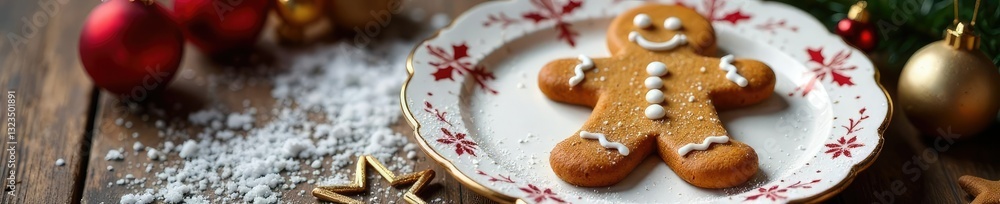 Gingerbread cookie cut into festive shape and placed on a decorative plate, baking, winter, cookiecutters Gingerbread cookie cut into festive shape and placed on a decorative plate, baking, winter, cookiecutters