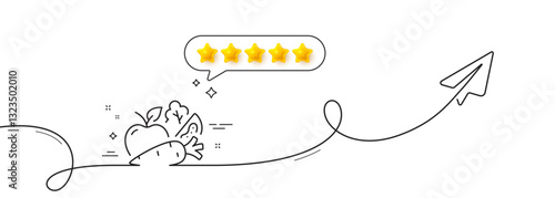Vegetables line icon. Continuous line with share plane. Lettuce, carrot with tomato sign. Low calories food symbol. Five star rate review in speech bubble. Vegetables single line ribbon. Vector