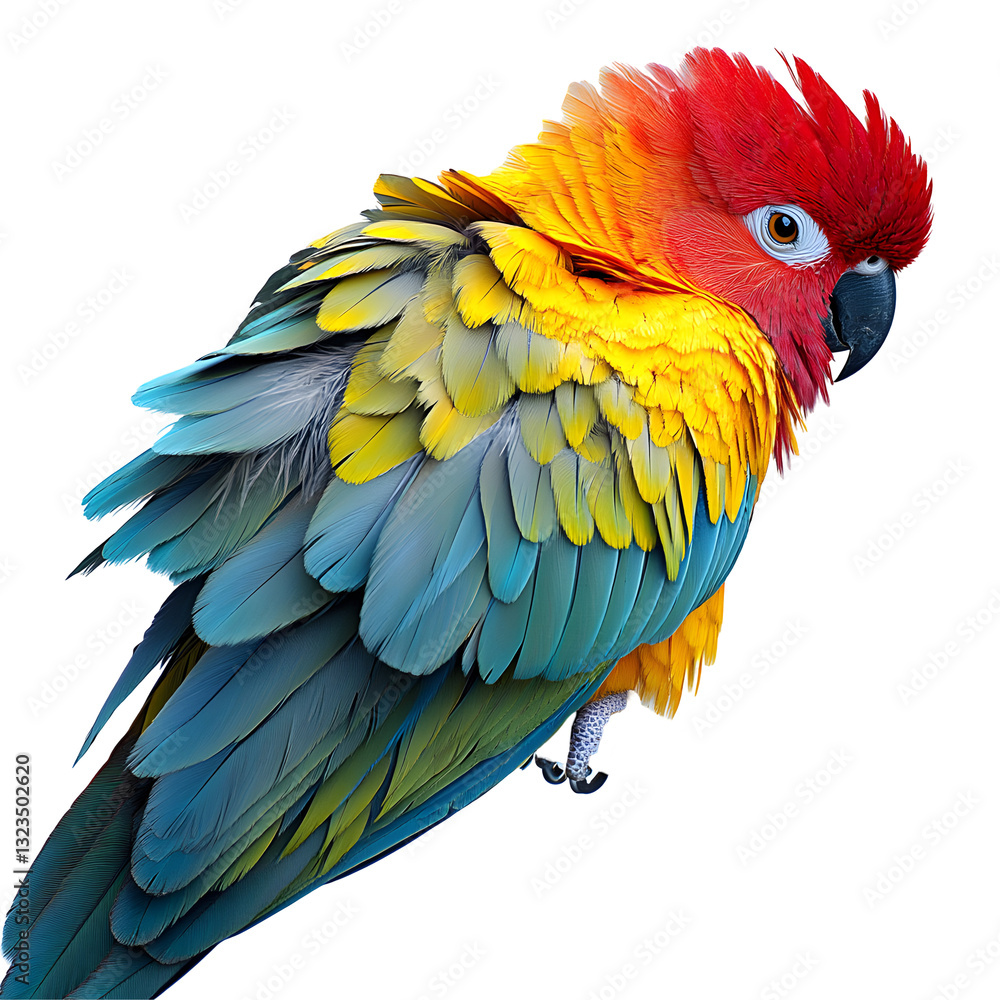 Obraz premium Colorful Parrot with Red Crest, Yellow Breast, and Teal Wings , Feathered Bird Sitting on a Branch , Transparent Background