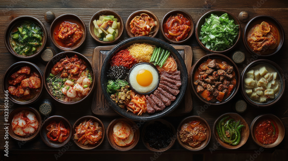 Korean Bibimbap Array on Wooden Table Korean Bibimbap Array on Wooden Table
