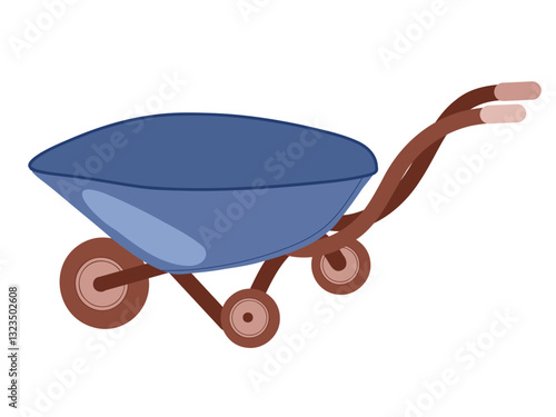 Empty wheelbarrow blue garden vector illustration. Farm metal tool equipment side view. Agriculture cart wheel flat hand drawn art for print, sticker, web, horticultural uses