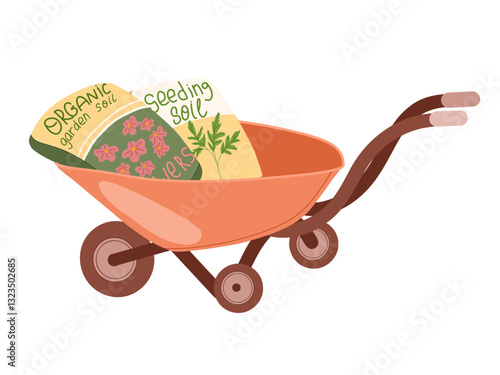 Wheelbarrow with soil packages inside. Flat vector illustration. Farm metal tool equipment side view. Agriculture cart wheel hand drawn art for print, sticker, web, horticultural uses