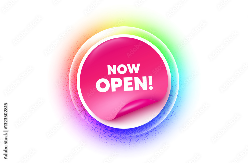 Now open sticker rainbow gradient. Paper offer price tag. Now open tag. Promotion new business sign. Welcome advertising symbol. Sticker label. Grain dots effect. Vector Now open sticker rainbow gradient. Paper offer price tag. Now open tag. Promotion new business sign. Welcome advertising symbol. Sticker label. Grain dots effect. Vector