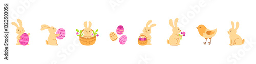 Easter bunny set. Cute rabbit vector set. Rabbit cartoon egg hunt.