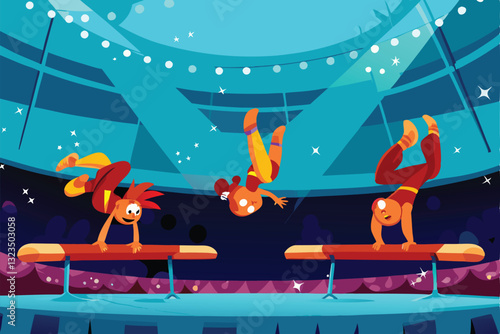 A vibrant cartoon-style gymnastics arena filled with playful characters performing various routines.  Focus on dynamic poses and bright colors.