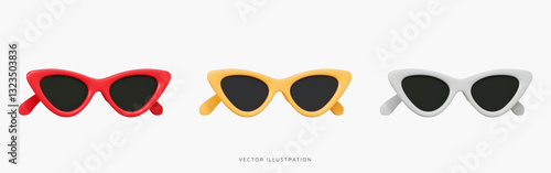 3D Front view cat eye sunglasses in red, yellow and silver icon set. Summer time object. Fashion glasses for women. Travel accessory. Cartoon design icons isolated on white. 3D Vector illustration