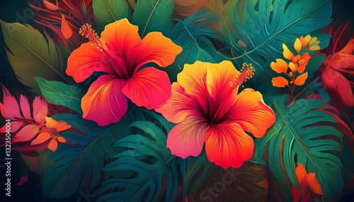 Wallpaper Mural Lush Tropical Hibiscus Garden. Dense flowers & monstera leaves. Blurred gradient effect. Vibrant & exotic floral backdrop Torontodigital.ca