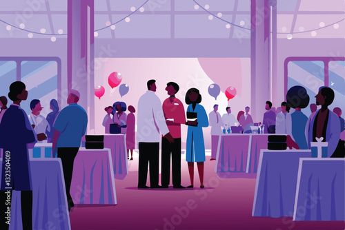 A heartwarming scene at a hospital charity event, featuring doctors, nurses, and attendees enjoying a fundraising gala.