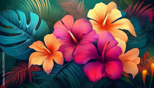 Wallpaper Mural Lush Tropical Hibiscus Garden. Dense flowers & monstera leaves. Blurred gradient effect. Vibrant & exotic floral backdrop Torontodigital.ca