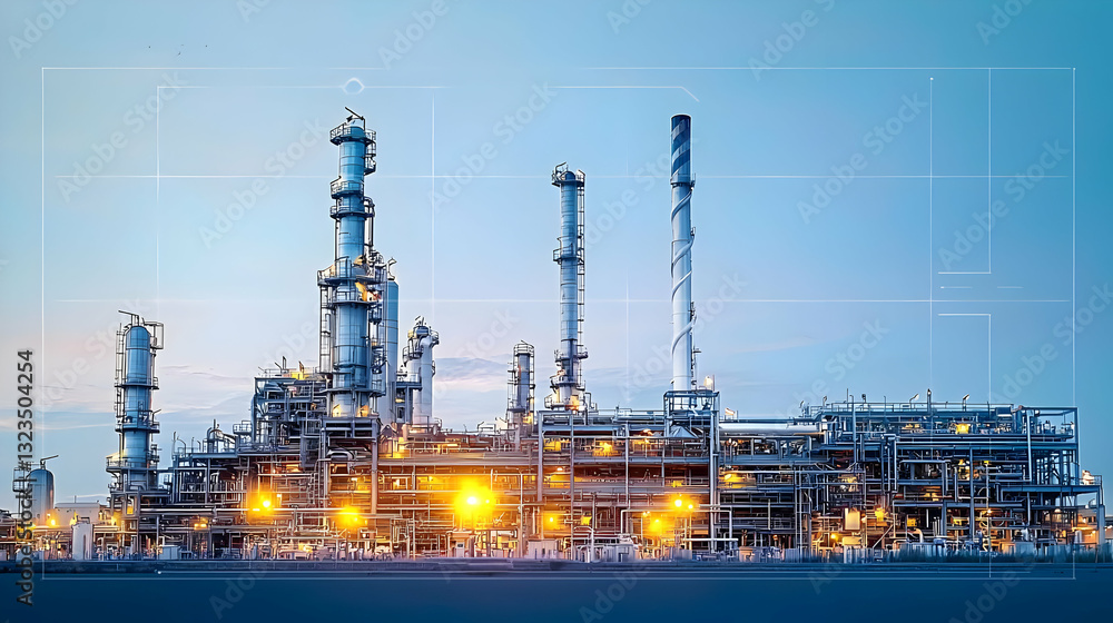 Large Industrial Complex Lit At Night With Blue Sky Above And Golden Lights Emitting From Towers And Structures Large Industrial Complex Lit At Night With Blue Sky Above And Golden Lights Emitting From Towers And Structures