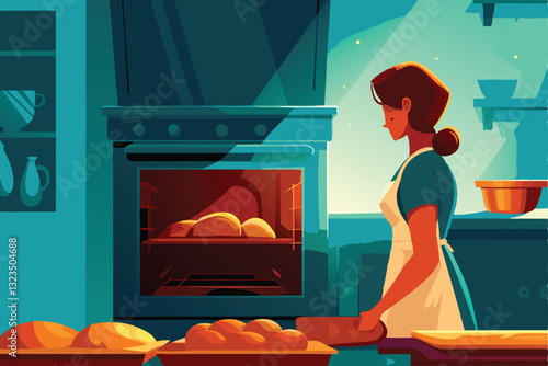 A heartwarming scene of a smiling housewife kneading dough, with a warm, glowing oven behind her, baking artisan bread.