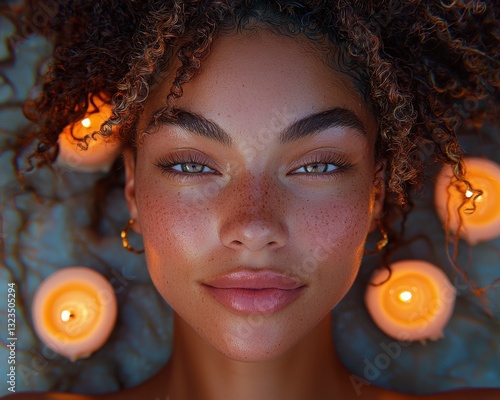 In the heart of a serene evening, a portrait emerges, bathed in the gentle luminescence of flickering candles Warmth emanates from every pixel, caressing the subject's skin with a soft, inviting glow