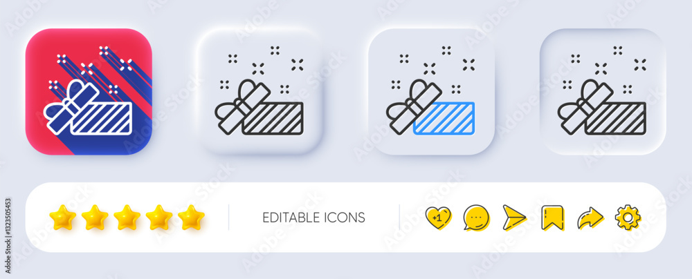 Fototapeta premium Gift box open line icon. Neumorphic, Flat shadow, 3d buttons. Christmas or New year present sign. Surprise symbol. Line present icon. Social media icons. Vector