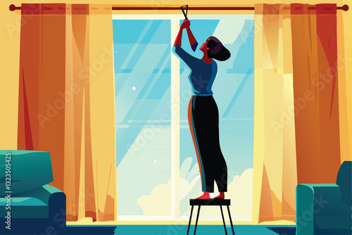 A smiling housewife skillfully installs a new curtain rod in her sun-drenched living room, showcasing domestic bliss and home improvement.