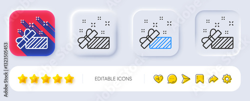 Gift box open line icon. Neumorphic, Flat shadow, 3d buttons. Christmas or New year present sign. Surprise symbol. Line present icon. Social media icons. Vector