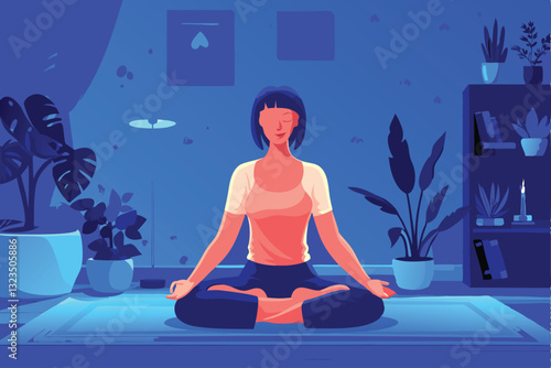 A serene housewife, dressed in comfortable attire, meditates peacefully in a meticulously clean and bright living room, sunlight streaming through a large window.