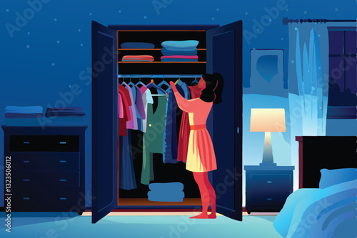 A smiling housewife meticulously organizes a colorful, overflowing wardrobe, showcasing efficient storage solutions.