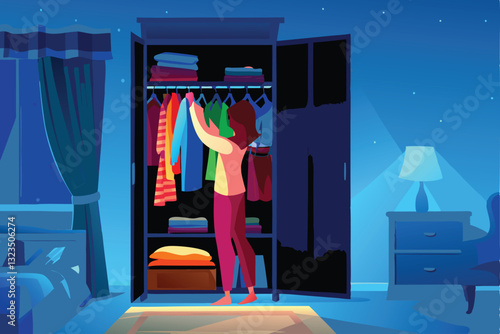 A meticulously organized wardrobe overflowing with colorful clothing; a housewife carefully folds and arranges garments.