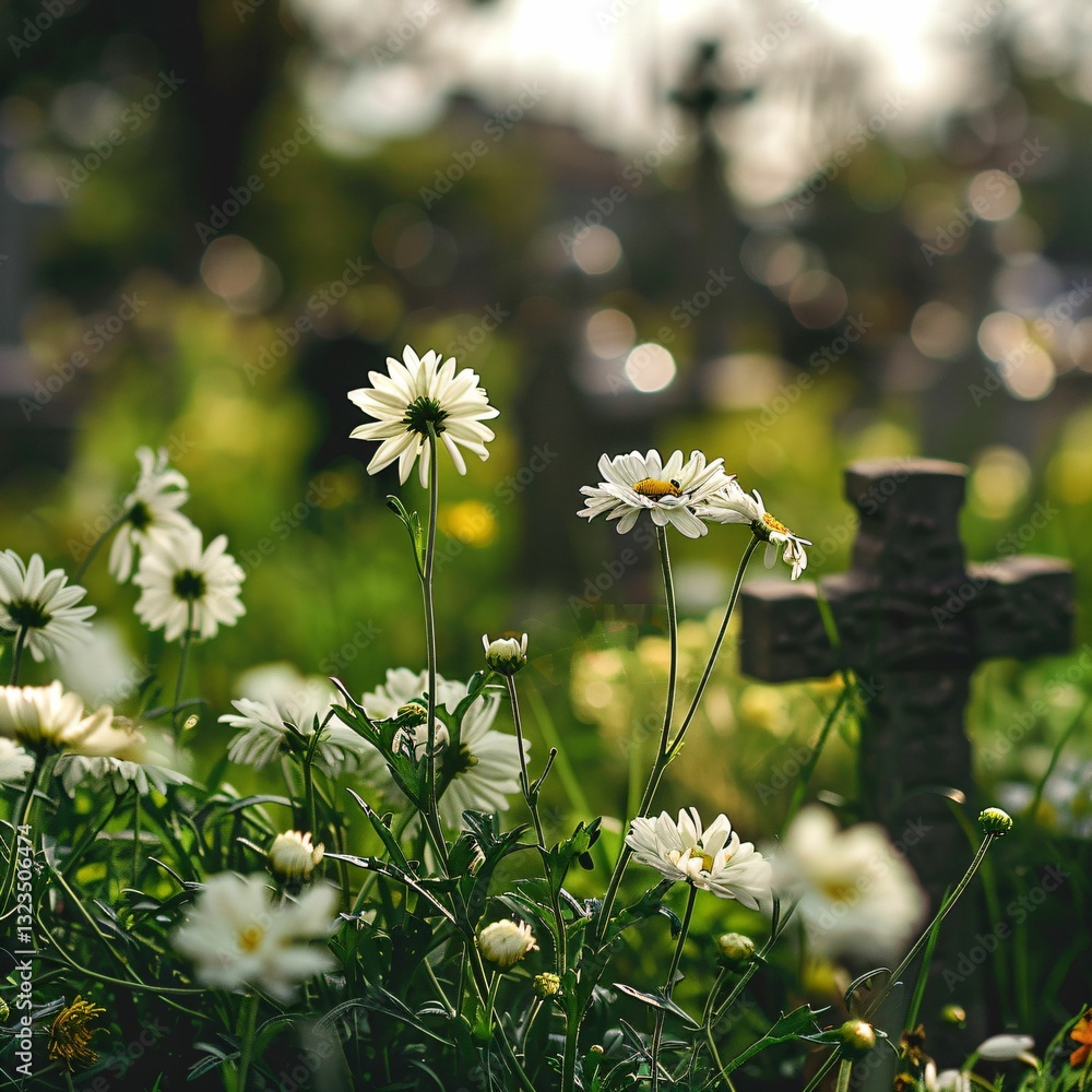 Peaceful Cemetery Scene with White Daisies and Fresh Green Grass Peaceful Cemetery Scene with White Daisies and Fresh Green Grass