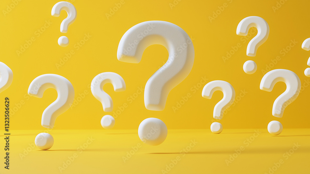 White Question Marks Floating on Yellow Background 3D Render White Question Marks Floating on Yellow Background 3D Render