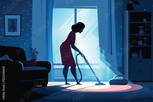 A smiling housewife effortlessly vacuums a sunlit, cozy living room, hardwood floors gleaming.  Warm, inviting atmosphere.