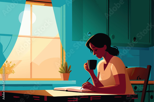 A cheerful housewife, dressed in casual attire, sits at a kitchen table, meticulously writing in her planner while contentedly sipping coffee from a mug.