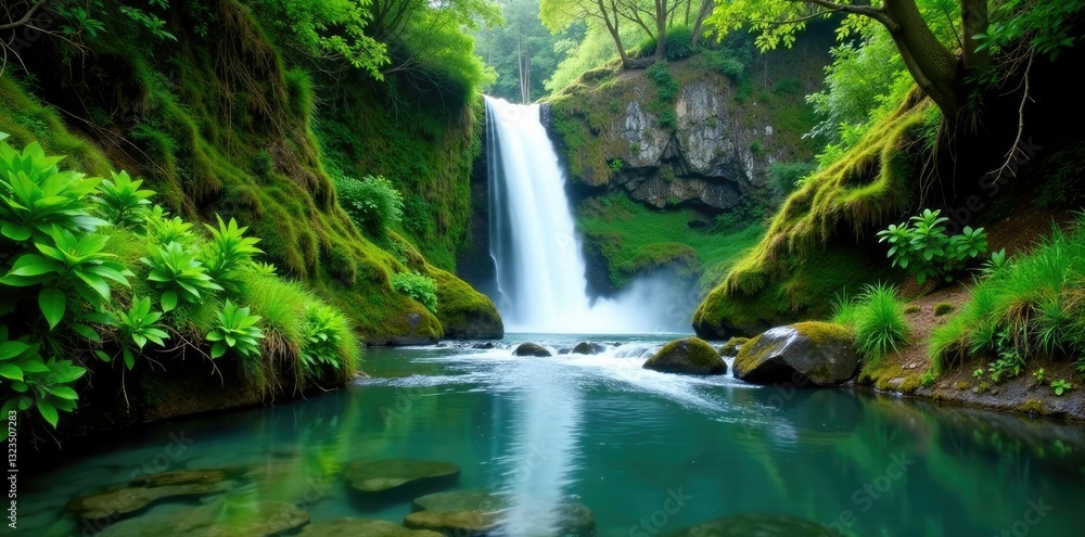 Lush greenery surrounds serene waterfall cascading into crystal clear stream, tasmania, foliage Lush greenery surrounds serene waterfall cascading into crystal clear stream, tasmania, foliage