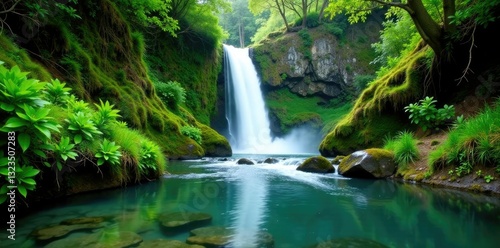 Lush greenery surrounds serene waterfall cascading into crystal clear stream, tasmania, foliage