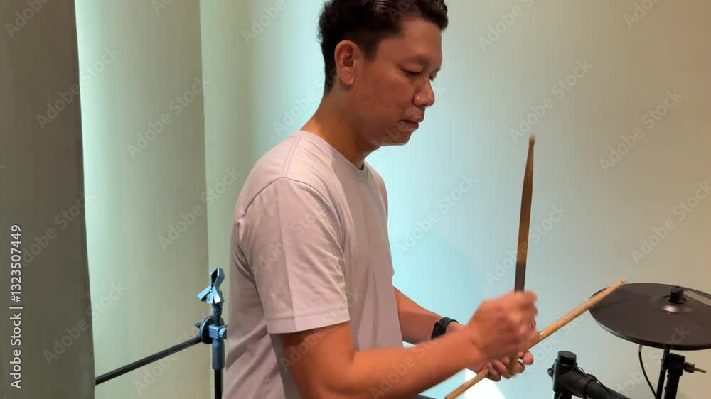 The Southeast Asian man practicing drums in his home studio. The Southeast Asian man practicing drums in his home studio.