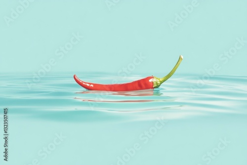 Vibrant Red Chili Pepper Floating on a Serene Blue Background, Showcasing Bright Colors and Freshness