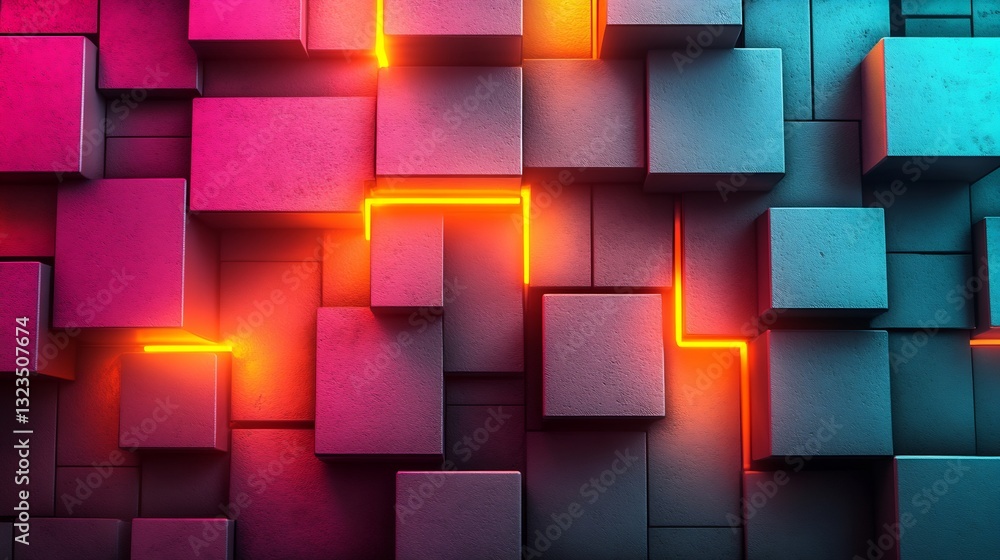 Abstract glowing cubes powerfully arranged in vibrant pink orange blue light. AI Generated Abstract glowing cubes powerfully arranged in vibrant pink orange blue light. AI Generated