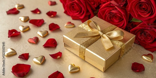 Valentine's day gold gifts. Banner design with present box and hearts, red roses  on gold  background