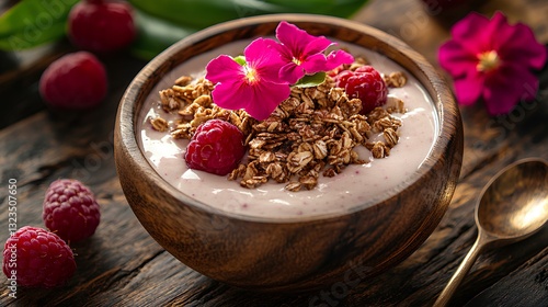 smoothie bowl topped with granola, berries, and tropical flowers,  placed on a wooden table