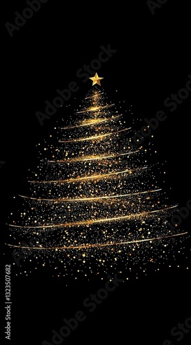 Manifesto con albero di Natale stilizzato composto da una spirale di luce dorata su uno sfondo nero. In cima all'albero c'è una stella dorata. Effetto brillante ed elegante