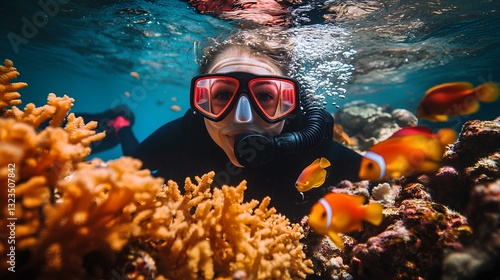 An aqualargist looks at the camera underwater. There is a beautiful underwater water world, bright fish and corals all around