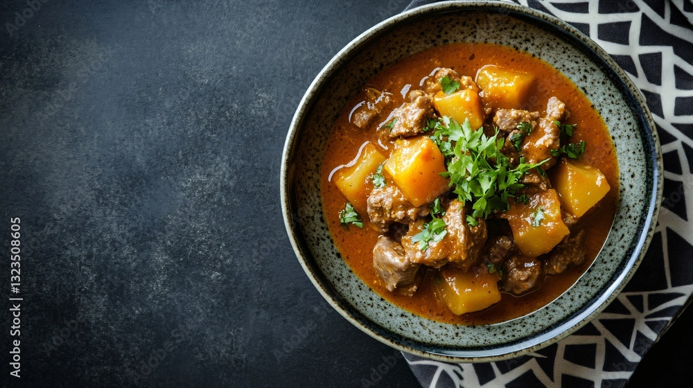 A minimalist gourmet goulash, artistically plated in a Japanese-style ceramic bowl, with a geometric patterned napkin, on a matte dark background A minimalist gourmet goulash, artistically plated in a Japanese-style ceramic bowl, with a geometric patterned napkin, on a matte dark background