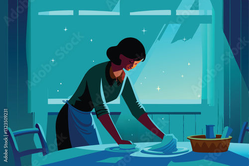 A meticulously clean dining table is being wiped down by a woman, preparing it for a formal dinner.  The scene is illuminated by soft, warm lighting.