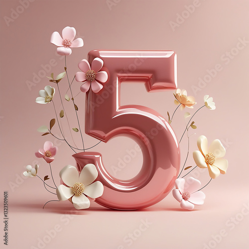 A soft pinkish background graduates to a pale blush tone towards the edges, providing a subtle contrast to the three-dimensional, glossy number 5 that takes center stage. The 3D effect gives the numbe