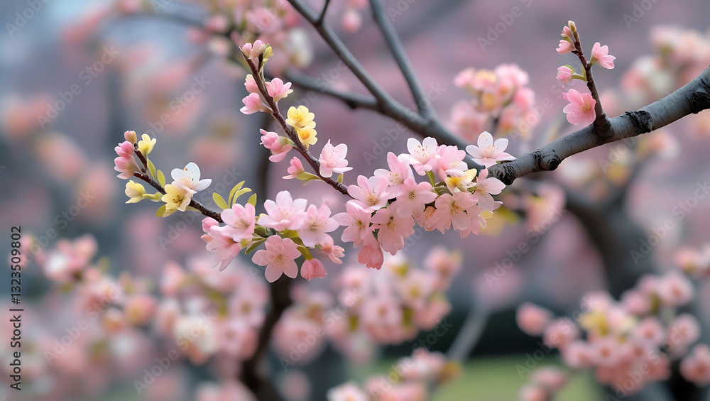 Blooming cherry blossom tree, featuring clusters of soft pink flowers Blooming cherry blossom tree, featuring clusters of soft pink flowers