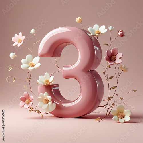 A soft pinkish background graduates to a pale blush tone towards the edges, providing a subtle contrast to the three-dimensional, glossy number 5 that takes center stage. The 3D effect gives the numbe